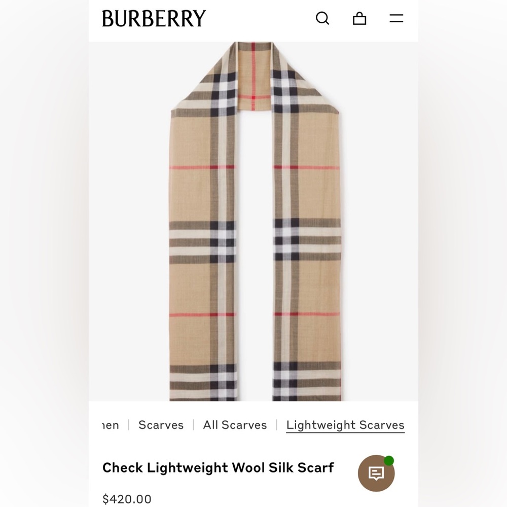 Burberry lightweight check silk scarf. New without tag.